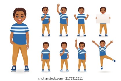 Un niño lindo y sonriente con poses diferentes. Diversos gestos de niños - pensando, enojado, llorando, saltando, acogiendo, sosteniendo una tabla vacía en blanco y haciendo idea apuntando hacia una ilustración vectorial aislada