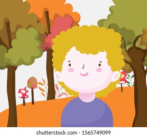 smiling cute little boy in the park scene vector illustration
