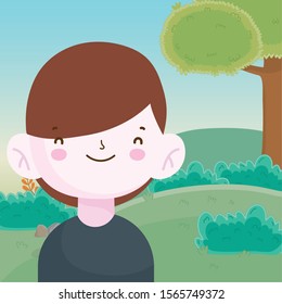 smiling cute little boy in the park scene vector illustration