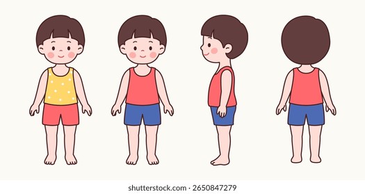 Smiling Cute Little Boy in Summer Outfit – Front, Back, and Side View Pose Set (Sleeveless Shirt and Shorts)