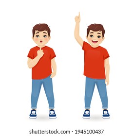Smiling cute little boy thinking with opened mouth and making idea pointing up isolated on white background vector illustration