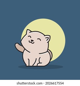 Smiling Cute Little Cat Kitten Night Moon Cartoon