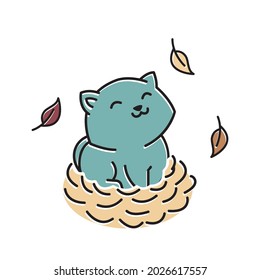 Smiling Cute Little Cat Kitten Nest Autumn Fall Season Cartoon