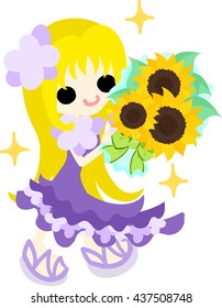 A smiling cute little girl and a bouquet of sunflower