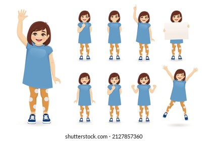 Smiling cute little girl in different poses set. Various kid gestures - thinking, angry, crying, jumping, welcoming, holding empty blank board and making idea pointing up isolated vector illustration