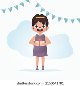 Smiling cute little girl holding a gift. Birthday. Cartoon style. Vector illustration