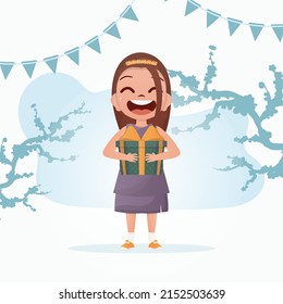 Smiling cute little girl holding a gift box. Birthday. Cartoon style. Vector illustration