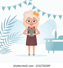 Smiling cute little girl holding a gift in her hands. Birthday. Flat style. Vector illustration
