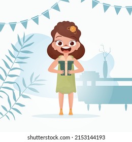 Smiling cute little girl holding a gift in her hands. Holiday. Cartoon style. Vector illustration