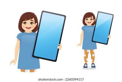 Smiling cute little girl showing blank phone screen vector illustration 