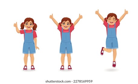 Niña linda sonriente mostrando el pulgar de pie y saltando aislada en ilustración vectorial de fondo blanco