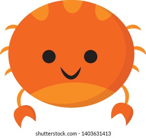 A smiling cute little orange cartoon crab with two sharp pincers, six walking legs, and two black eyes is extremely happy and looks lovely, vector, color drawing or illustration.