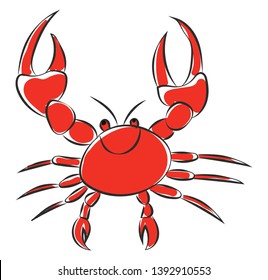 A smiling cute little red cartoon crab with two sharp pincers  walking legs  two antennae  and two eyes is extremely happy  vector  color drawing or illustration