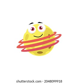 Smiling cute little yellow crater planet with three pink rings character for exploring fantasy space videogame, flat cartoon vector illustration isolated white background