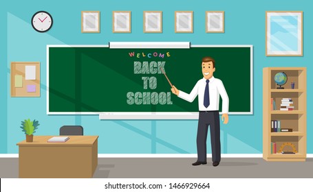 Smiling cute male teacher holding a pointer and pointing to a blackboard in a classroom. Welcome back to school concept. Vector illustration