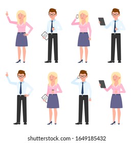Smiling, cute office man and woman vector illustration. Standing with tablet, notes, coffee, side view, talking on phone boy and girl cartoon character set