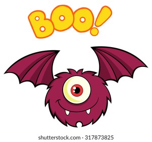 Smiling Cute One Eyed Monster Cartoon Character Flying With Text. Vector Illustration Isolated On White
