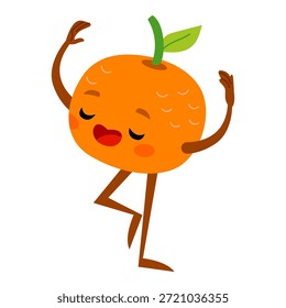 El carácter naranja lindo sonriente mantiene el equilibrio en una pierna. Divertida fruta de dibujos animados en estilo de Vector plano aislado sobre fondo blanco. Mascota kawaii para niños, diseños, carteles de comida saludable o logotipos.
