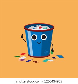 Smiling Cute Overflowing trash can with multicolor paper trash, Habituate kid card or poster.