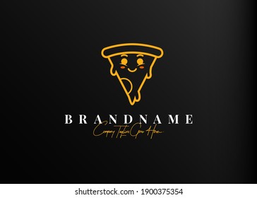 Smiling cute pizza logo design. Vector illustration of pizza with happy face. Vintage logo design vector line icon template