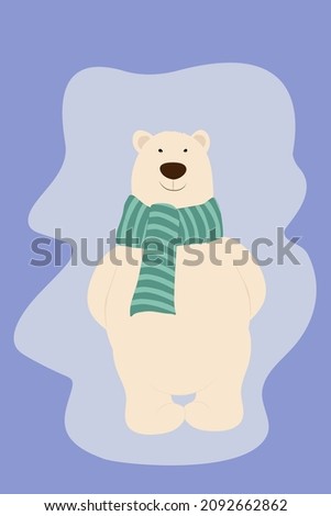 Smiling cute polar bear in a turquoise scarf on a light background hid his paws behind his back. Vector winter illustration