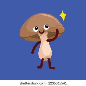 Sonriente tierno pose de hongos de hongos de shitake crudos, ilustración vectorial aislada en fondo azul oscuro. Ingredientes de comida dibujando con dibujos animados estilo arte plano.