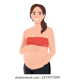 Smiling cute pregnant woman caressing her belly. Flat vector illustration isolated on white background