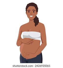 Smiling cute pregnant woman caressing her belly. Flat vector illustration isolated on white background