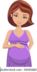 Smiling cute pregnant woman caressing her belly isolated