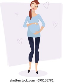 Smiling cute pregnant woman caressing her belly. Cartoon vector illustration.