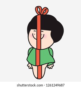 Smiling Cute Present Or Gift Girl Wrapped Up Body With Red Bow. Concept Of Merry Christmas And Holiday Season Greeting Card Character illustration