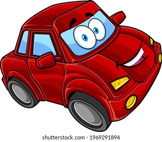 Smiling Cute Red Car Cartoon Character. Vector Hand Drawn Illustration Isolated On Transparent Background