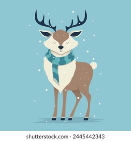 A smiling cute reindeer dressed in a striped scarf set against a gentle snowfall and a cool blue background.