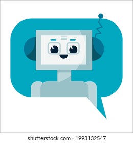 Smiling cute robot chat bot in speech bubble. Support service concept. Vector cartoon flat illustration isolated on white background.