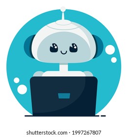 Smiling cute robot chat bot. Support service concept. Vector cartoon flat illustration isolated on white background.