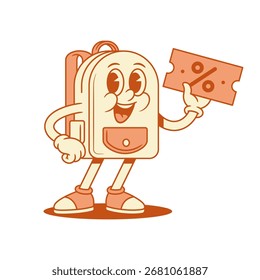 Smiling cute schoolbag backpack cartoon character shopping sale isometric vector illustration. Happy comic school bag pupil studying education minimalist mascot discount Black Friday voucher