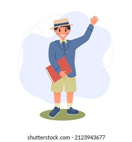 Smiling Cute schoolboy in school uniform with textbook happily waves his hand. Back to school. Knowledge day. Teachers Day. Education. Vector cartoon illustration in flat style