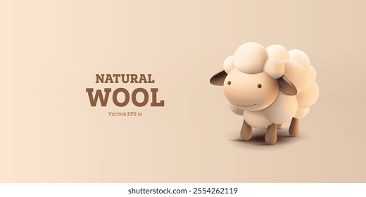 Smiling cute sheep character, 3D. For concepts of making woolen products, village animals, children's fairy tales. Vector illustration.