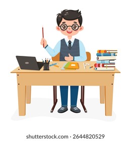 Smiling and cute teacher man sitting at the school table with laptop on white background. Teachers' Day, Education concept. Poster, Banner, Flyer, Template. Vector illustration in flat cartoon style