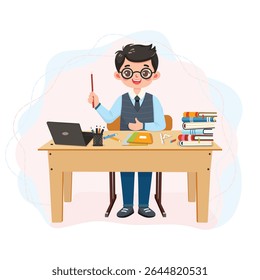 Smiling and cute teacher man sitting at the school table with laptop on white background. Teachers' Day, Education concept. Poster, Banner, Flyer, Template. Vector illustration in flat cartoon style