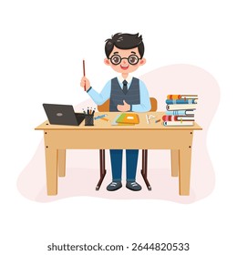 Smiling and cute teacher man sitting at the school table with laptop on white background. Teachers' Day, Education concept. Poster, Banner, Flyer, Template. Vector illustration in flat cartoon style