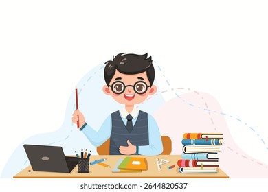 Smiling and cute teacher man sitting at the school table with laptop on white background. Teachers' Day, Education concept. Poster, Banner, Flyer, Template. Vector illustration in flat cartoon style