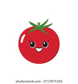 Tomate lindo sonriente, carácter divertido de la historieta, cara feliz, alegría de las emociones, delicia, ojos grandes, estilo kawaii, Ilustración vectorial plana.