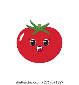 Tomate lindo sonriente, carácter divertido de la historieta, vegetal rojo maduro, cara feliz, alegría de las emociones, delicia, ojos grandes, estilo kawaii, símbolo del ketchup, Ilustración vectorial plana.