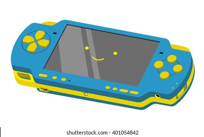 Smiling cute videogame handheld console perspective view vector illustration