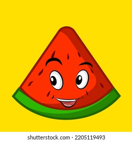 Smiling cute watermelon slice, clip art isolated on yellow background suitable for sticker print design, illustration or collection.