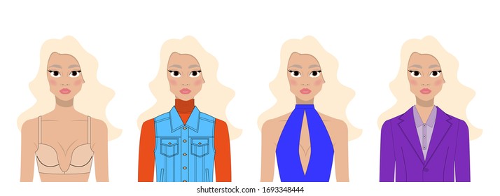 Smiling cute woman in different style clothes. Girl in underwear. Woman in business clothes. Young woman in casual wear. Woman in an evening dress. Vectorana illustration