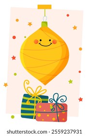 Smiling cute yellow hanging decoration and colorful gift boxes. Christmas or New Year cards, posters, or holiday-themed designs