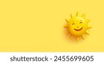 Smiling cute yellow sun, 3D, Banner for advertising positive, happy emotions, events, and celebrations. Icon, symbol, sign. Vector