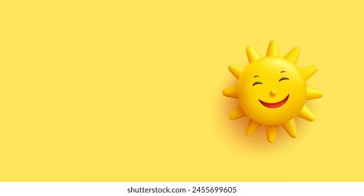 Smiling cute yellow sun, 3D, Banner for advertising positive, happy emotions, events, and celebrations. Icon, symbol, sign. Vector